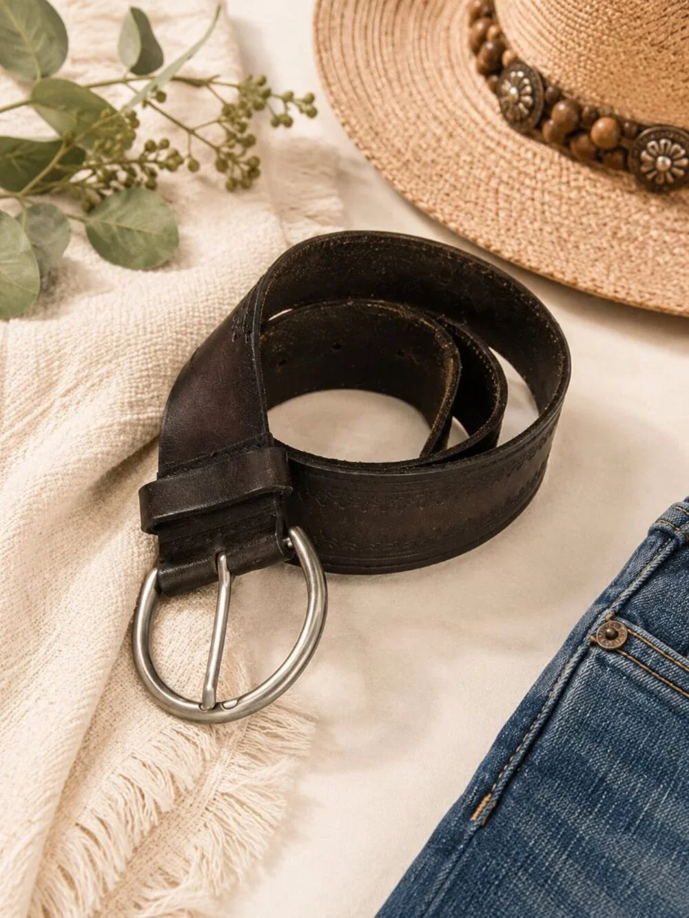 Embossed Genuine Leather Belt Brown Floral Western Boho Size Medium